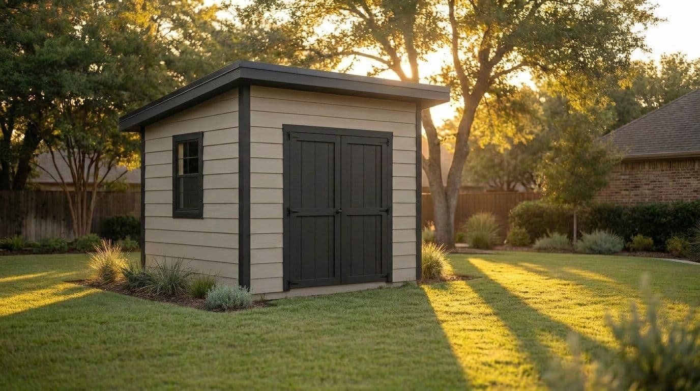 A Modern shed design with tan lap siding, black double doors, and a side window under a low single-slope roof, visualized from a real 3D design