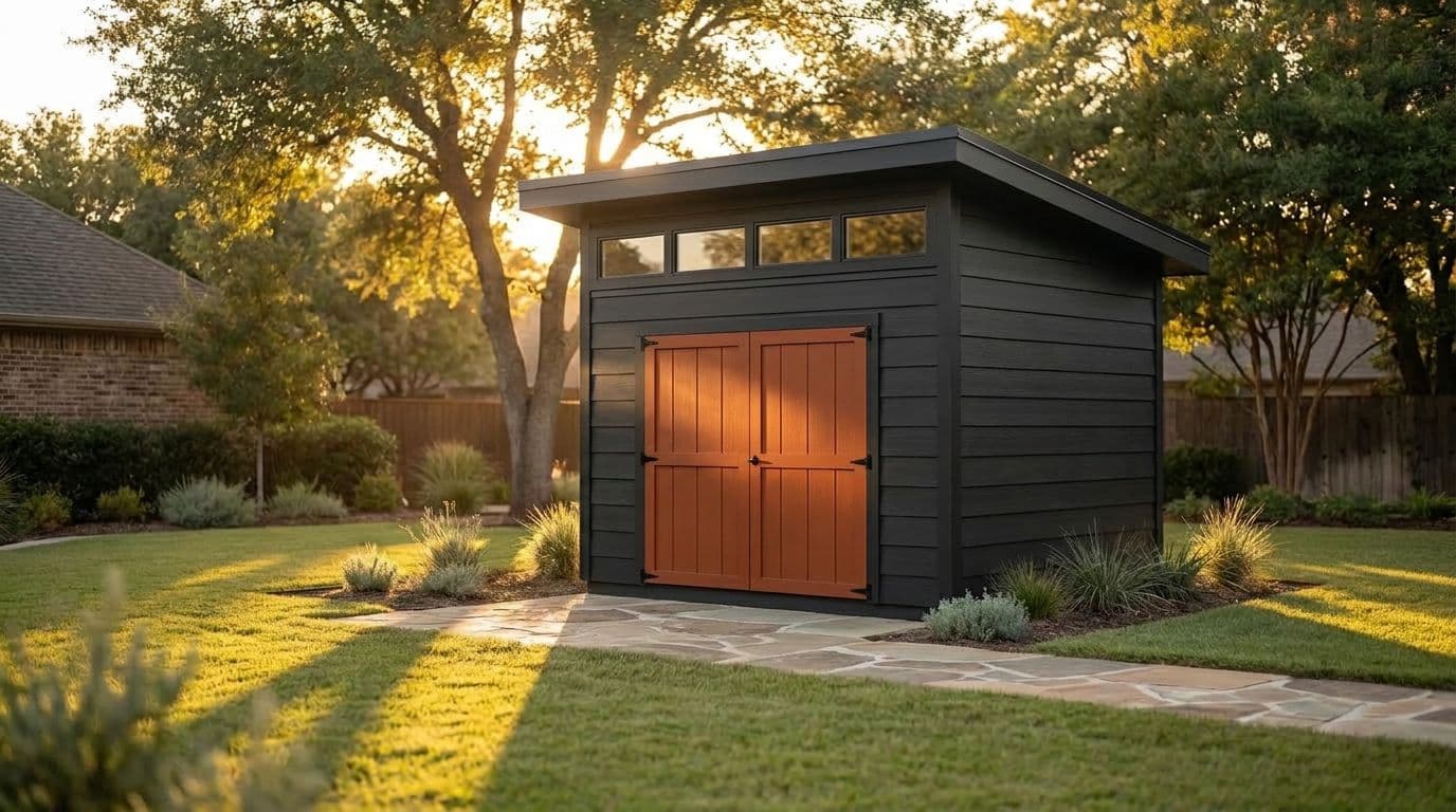 A Tall Modern shed design with charcoal lap siding, rust double doors, and a row of transom windows under a single-slope roof, visualized from a real 3D design
