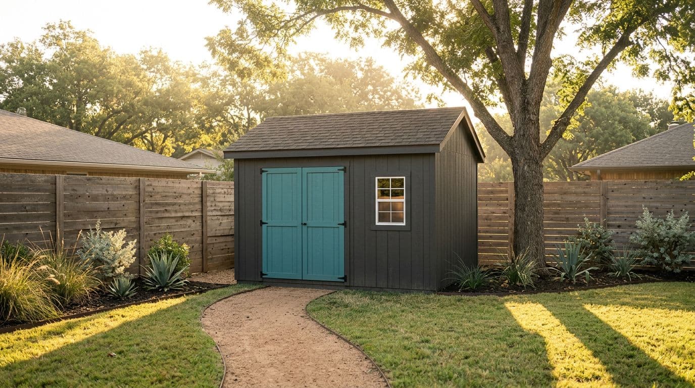 A Traditional shed design with dark board-and-batten siding, a teal double door, and a side window under a gable roof, visualized from a real 3D design