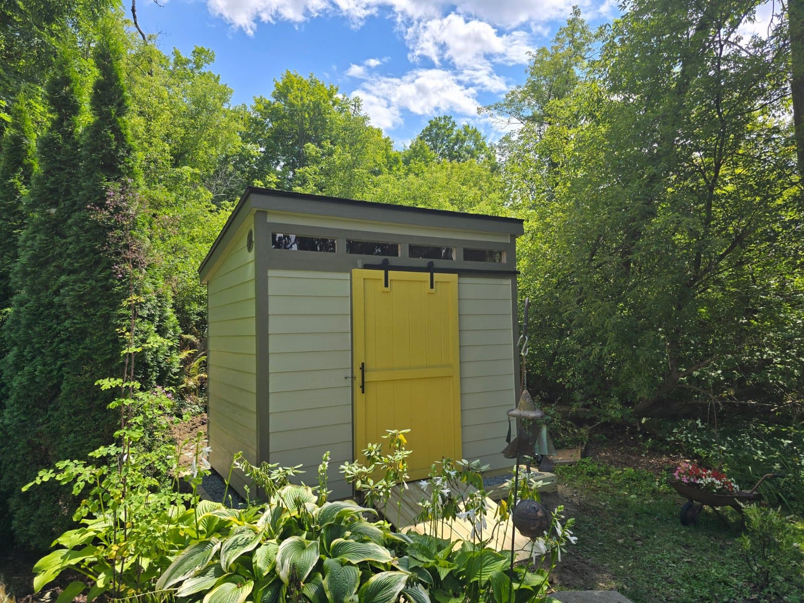A real 8x10 Tall Modern with lap siding siding, built onsite in Stockbridge, MA